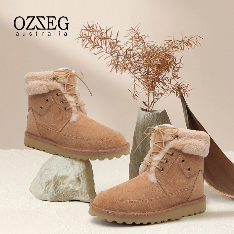 OZZEG雪地靴女冬2023年新款加绒加厚皮毛一体时尚短筒毛毛靴22D35