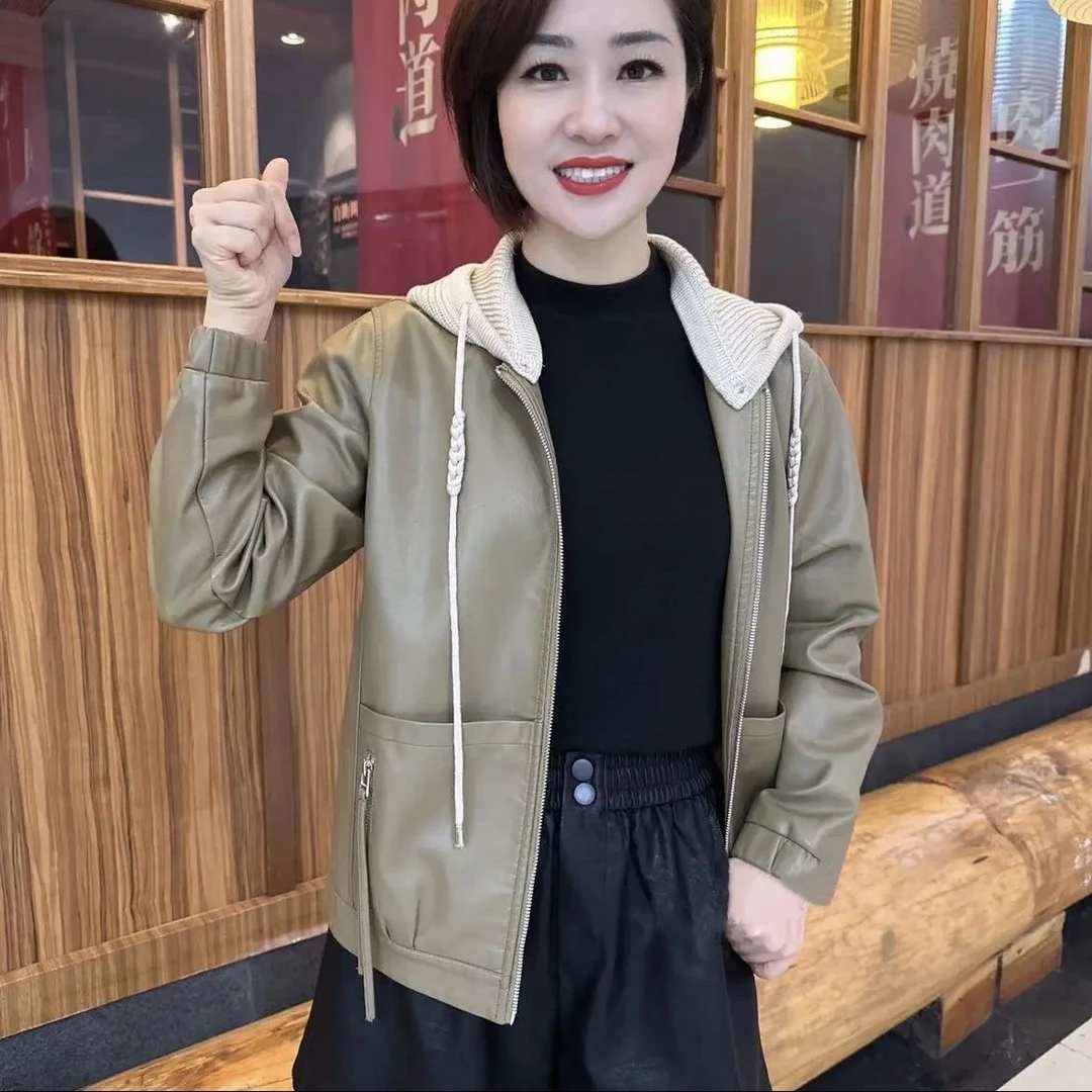 2025春秋款女时尚新款休闲百搭立领连帽气质显瘦洋气皮衣夹克外套