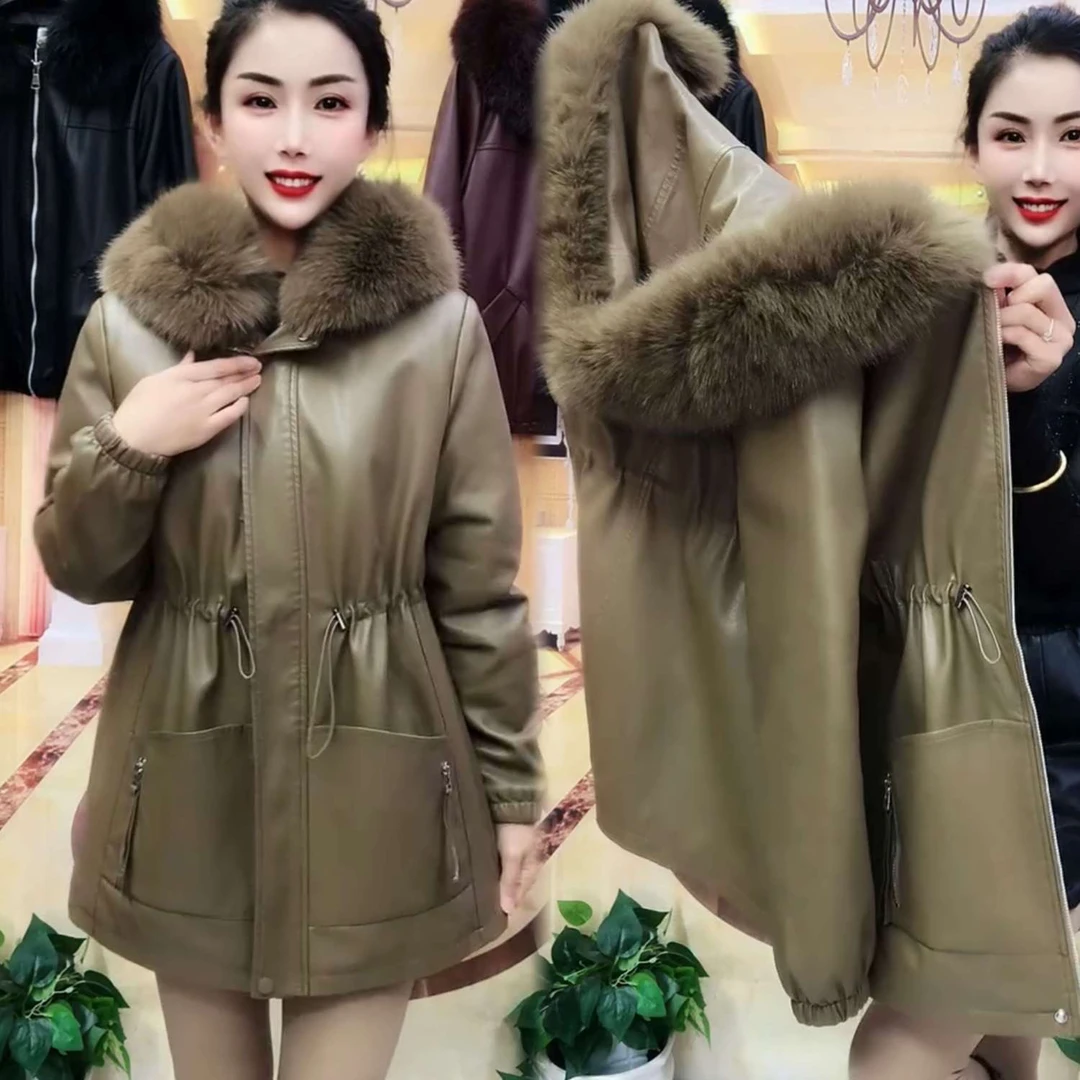 连帽带毛领皮衣外套女中长款休闲秋冬显瘦加绒加厚洋气大码宽松
