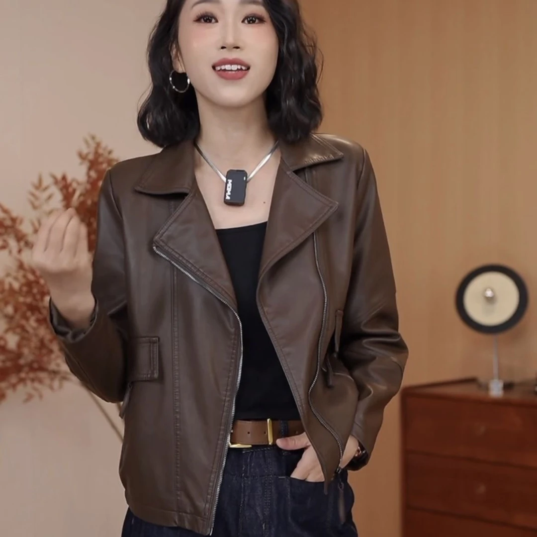 海宁皮衣女短款2025秋季新款宽松显瘦气质机车皮衣短款小个子外套