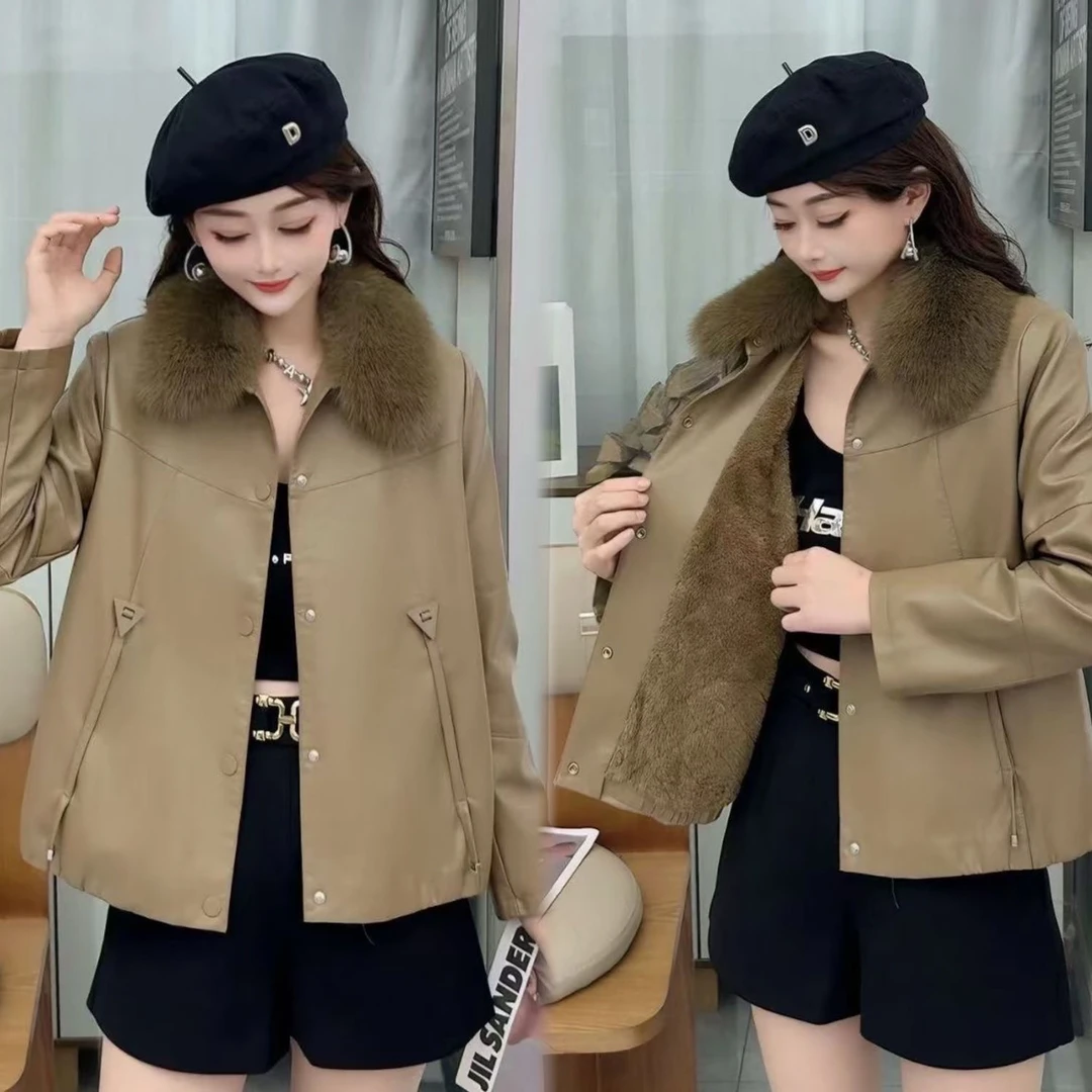 2024冬季新款加绒加厚皮衣外套女带毛领韩版时尚气质高档皮夹克女