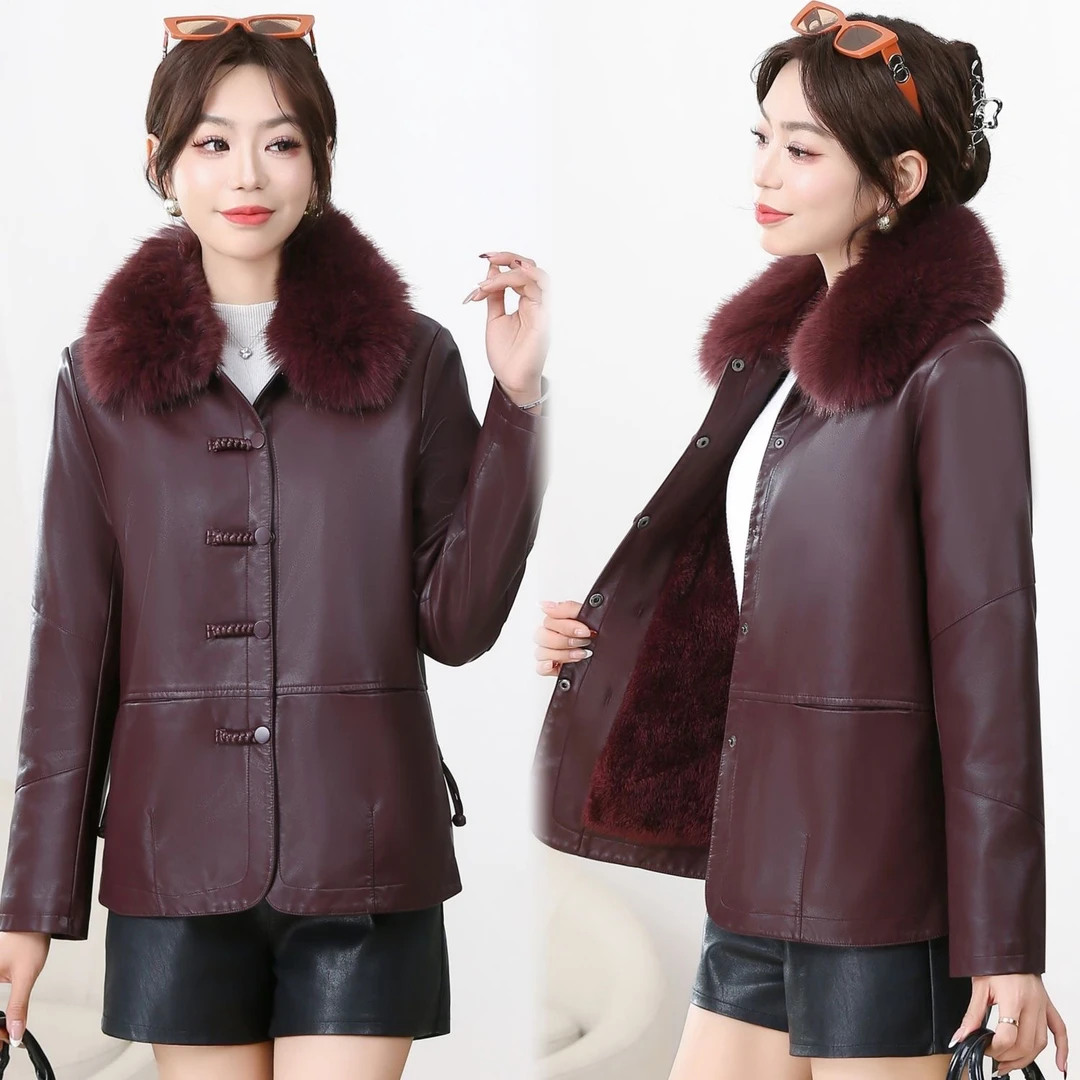 新中式毛领皮衣女2024休闲时尚国风盘扣短款加绒加厚皮夹克秋冬款