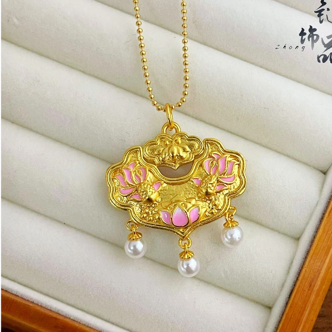 合金吊坠     手工 珠珠链 粉色珠珠 双鱼锦鲤锁项链吊坠久不掉色