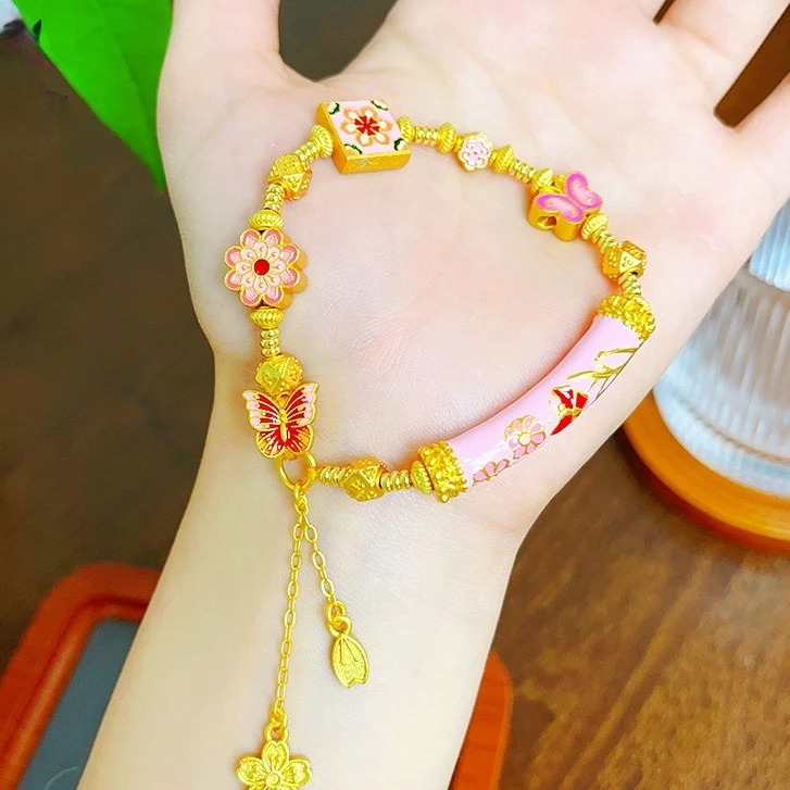 合金手链 手工时尚百搭精美粉色弯管手链手镯烧蓝久不掉色