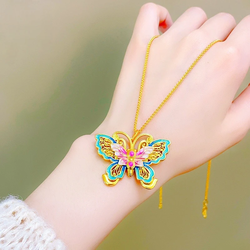 合金吊坠   手工气质百搭 脉脉花蝶珐琅彩蝴蝶项链吊坠久不掉色
