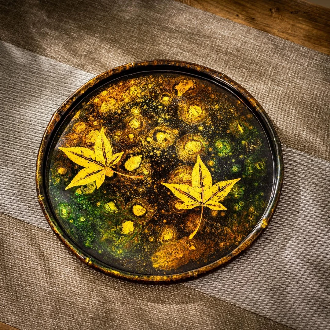 蜂鸟工坊手工艺品大漆枫叶飘漆干泡台大漆茶盘壶承WCDQCP0100