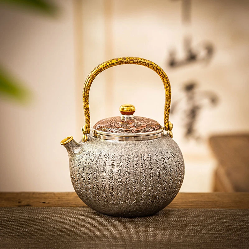 蜂鸟工坊 木纹金 铜盖錾刻心银壶心经小提梁SWA11009