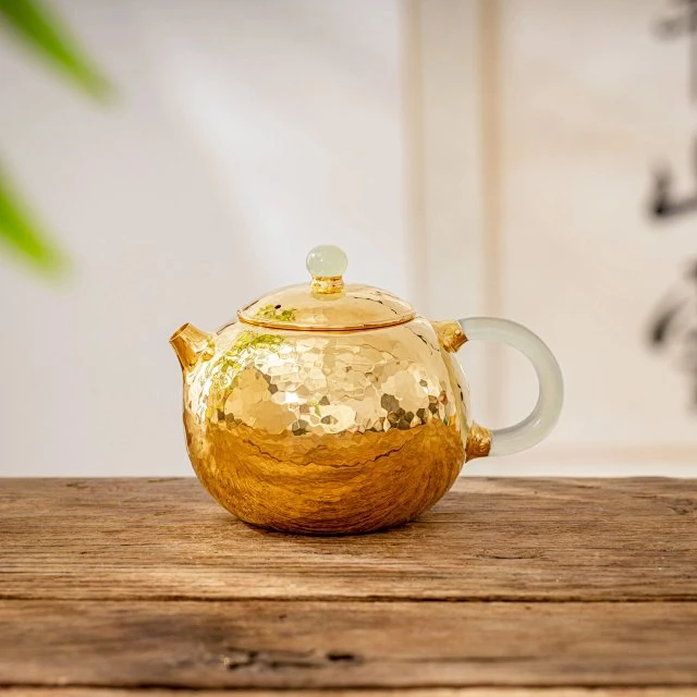 蜂鸟工坊西施玉把锤纹银壶镀金泡壶鎏金茶具MJYXA1035