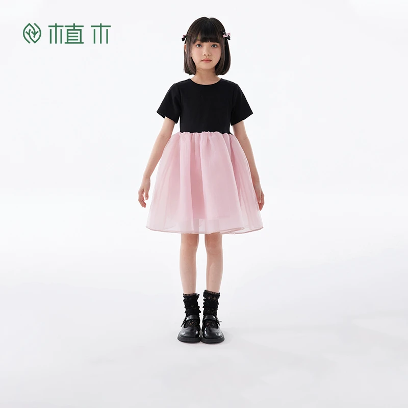 植木童装甜美网纱拼接网女童连衣裙2024夏装新款儿童