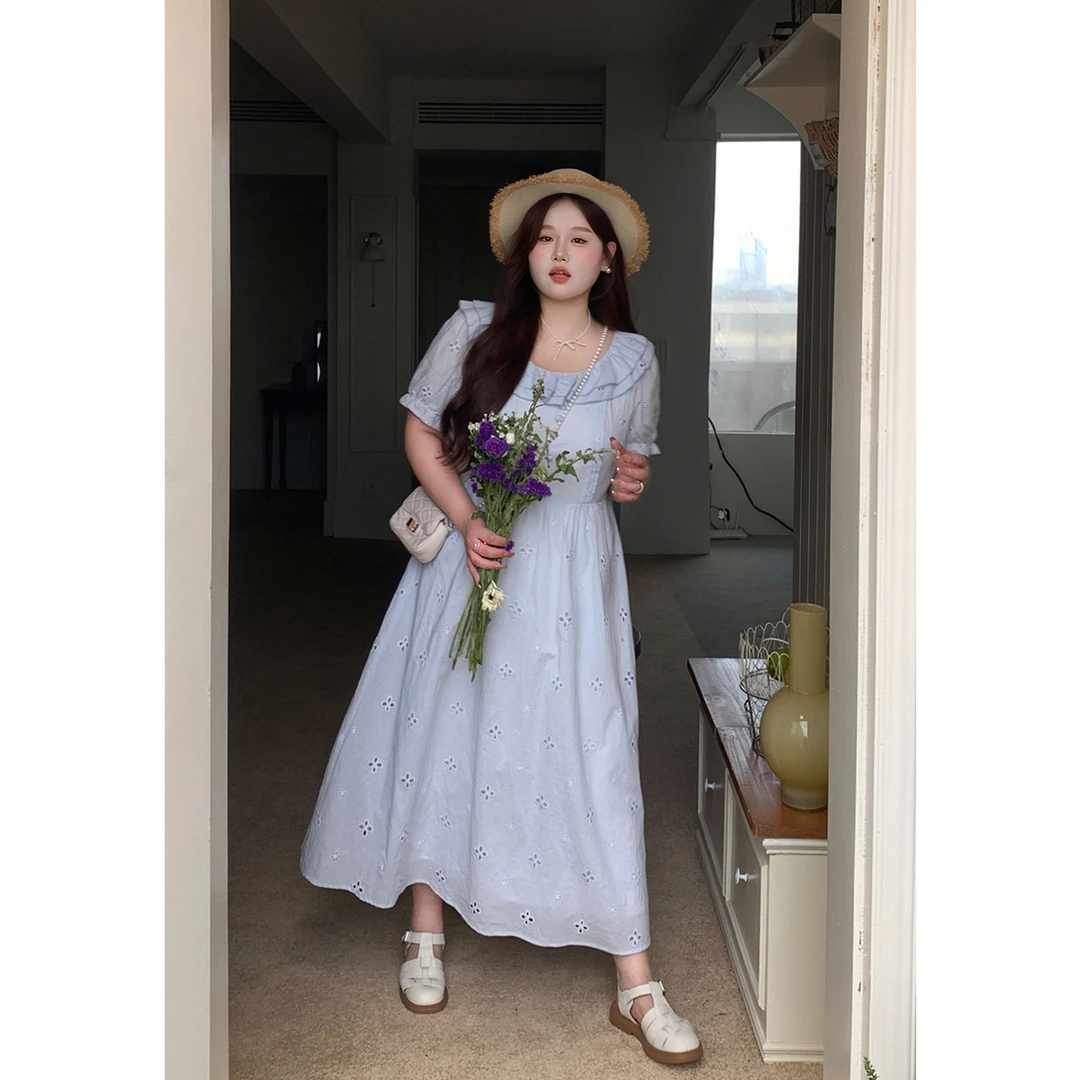 6徐达布【柏林小传】大码浅蓝色连衣裙夏季微胖度假长裙L20921C42