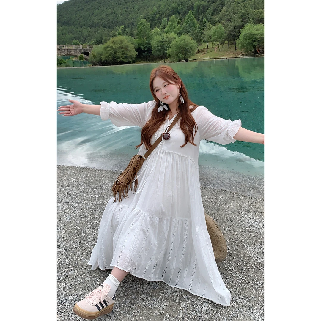 172徐达布【心动可寻】大码白色连衣裙休闲宽松长袖裙子L22423C42