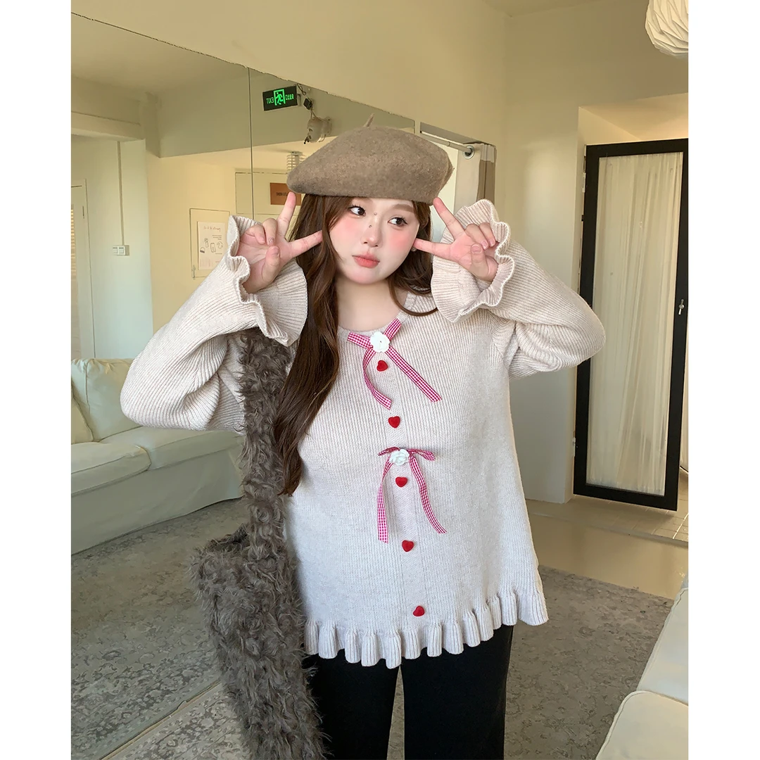 60徐达布【野餐少女】大码木耳边圆领毛衣女慵懒宽松上衣M28137C44