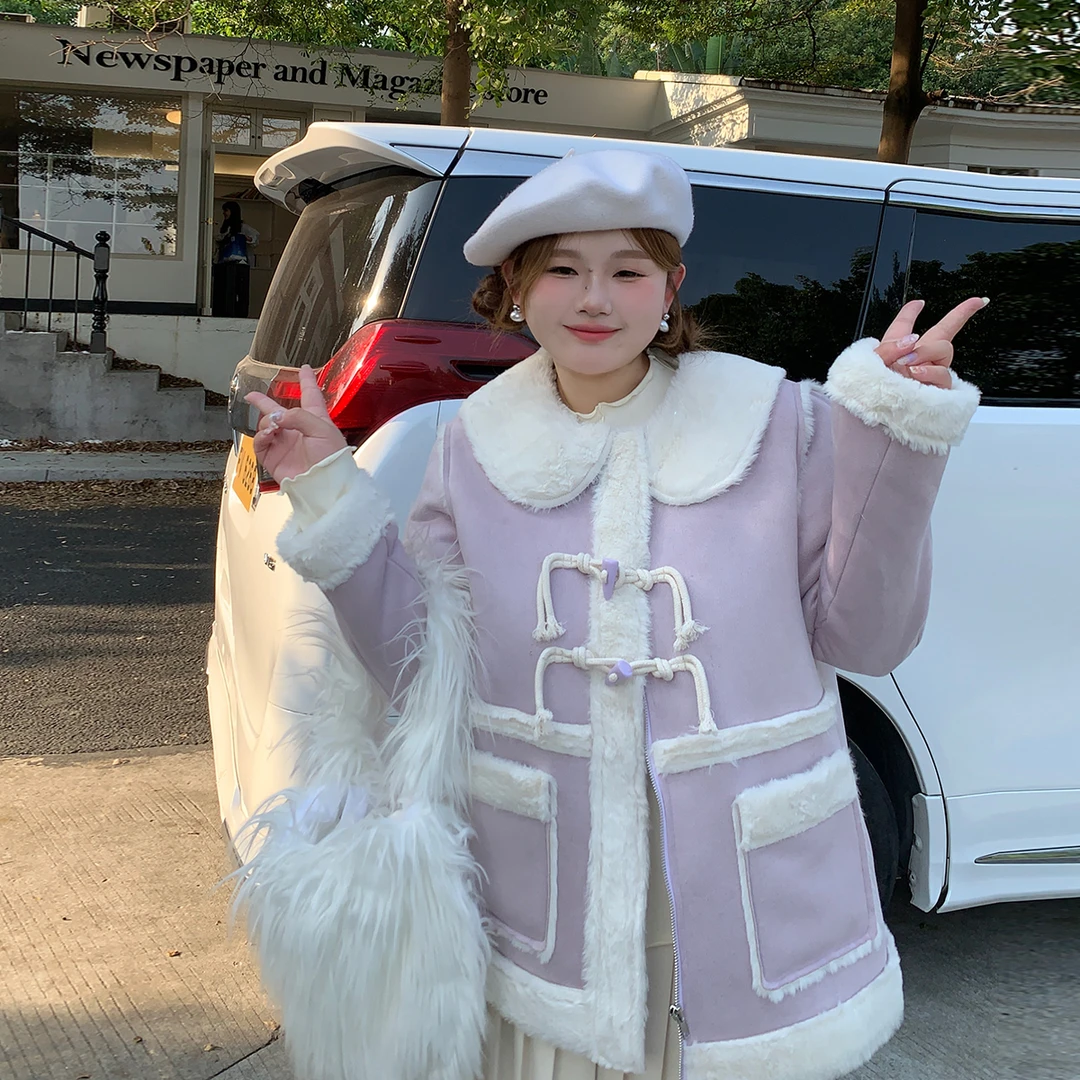 182徐达布 【宠粉专属】感毛绒拼接撞色娃娃领牛角扣外套 W11793C34