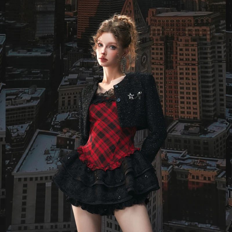 Tut tuto春季新款酷辣风红黑格蓬蓬连衣裙蕾丝套装