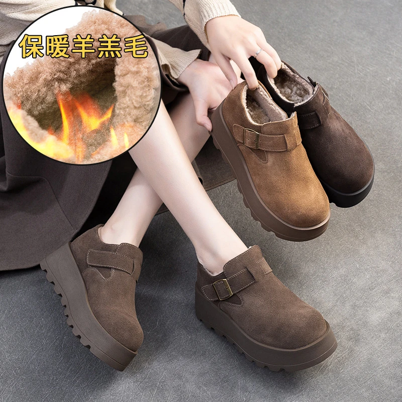 2024冬季真皮女鞋 发泡厚底低帮棉鞋女 加厚羊毛勃肯鞋