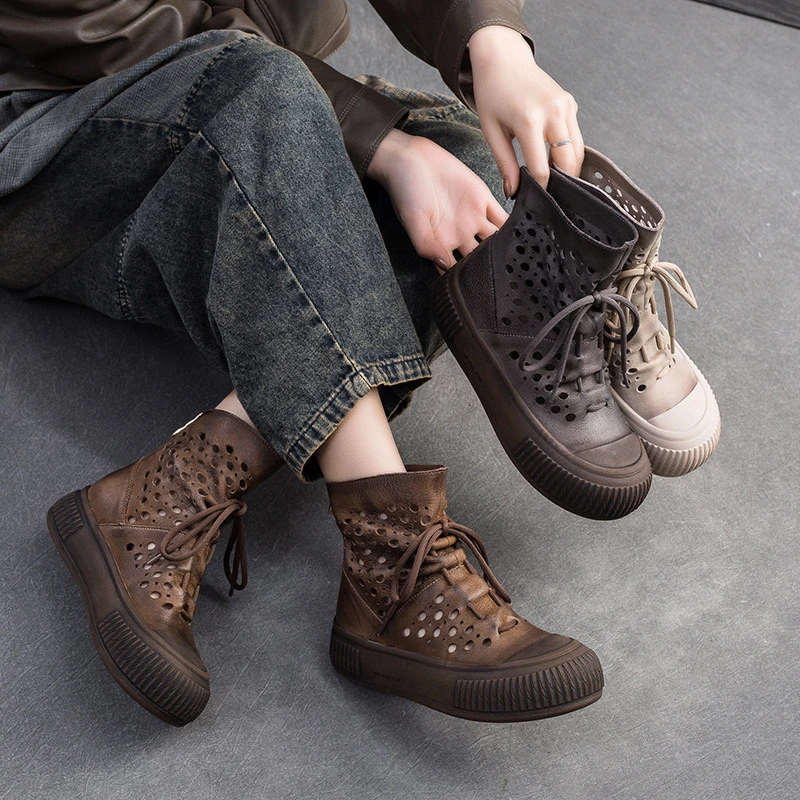 手工擦色复古镂空靴女民族风头层牛皮洞洞靴