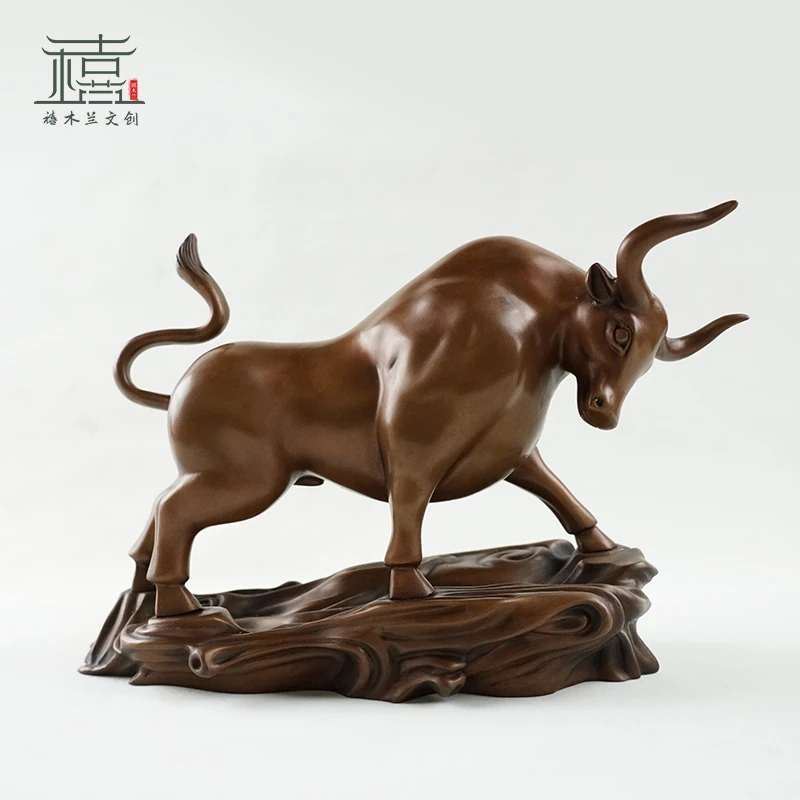 紫铜带底斗牛摆件纯铜牛气冲天生肖牛办公室中式家居客厅装饰品