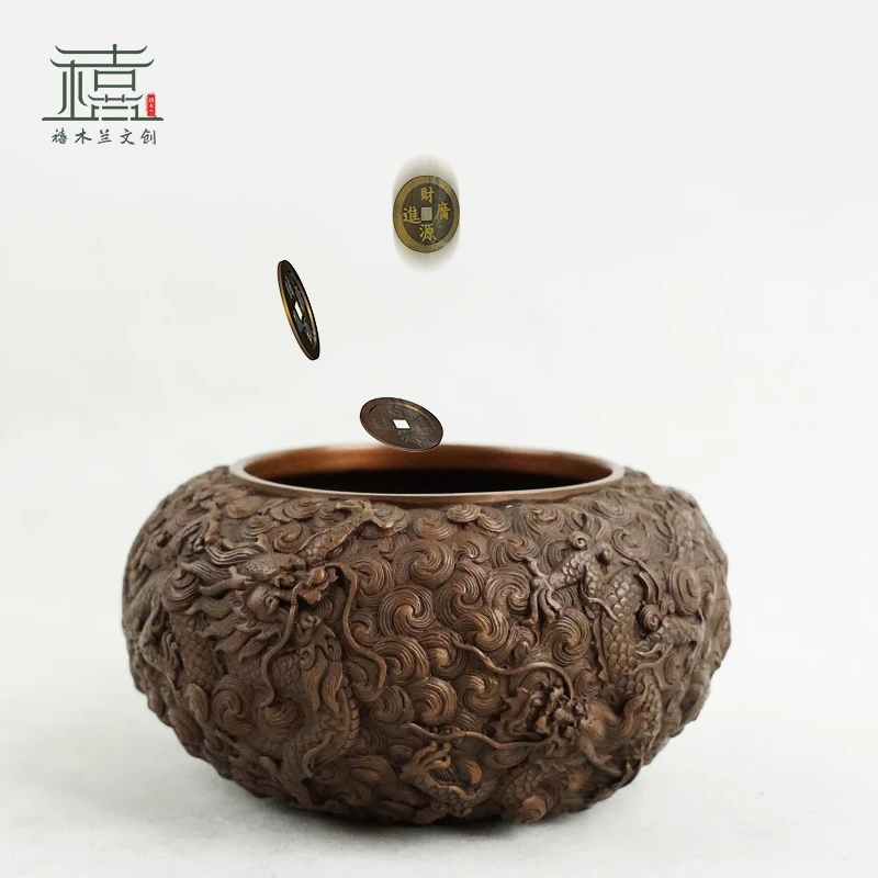 紫铜海水四龙缸铜聚宝盆铜缸钵式香炉家居饰品多功能摆件