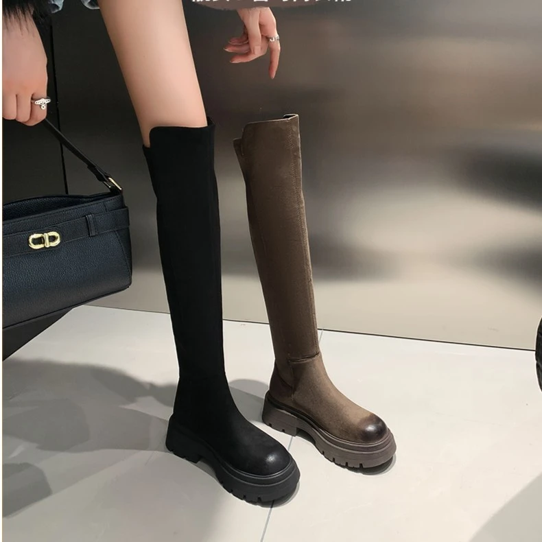 过膝长筒靴女2023新款绒面骑士靴弹力瘦瘦靴不掉筒A22390232