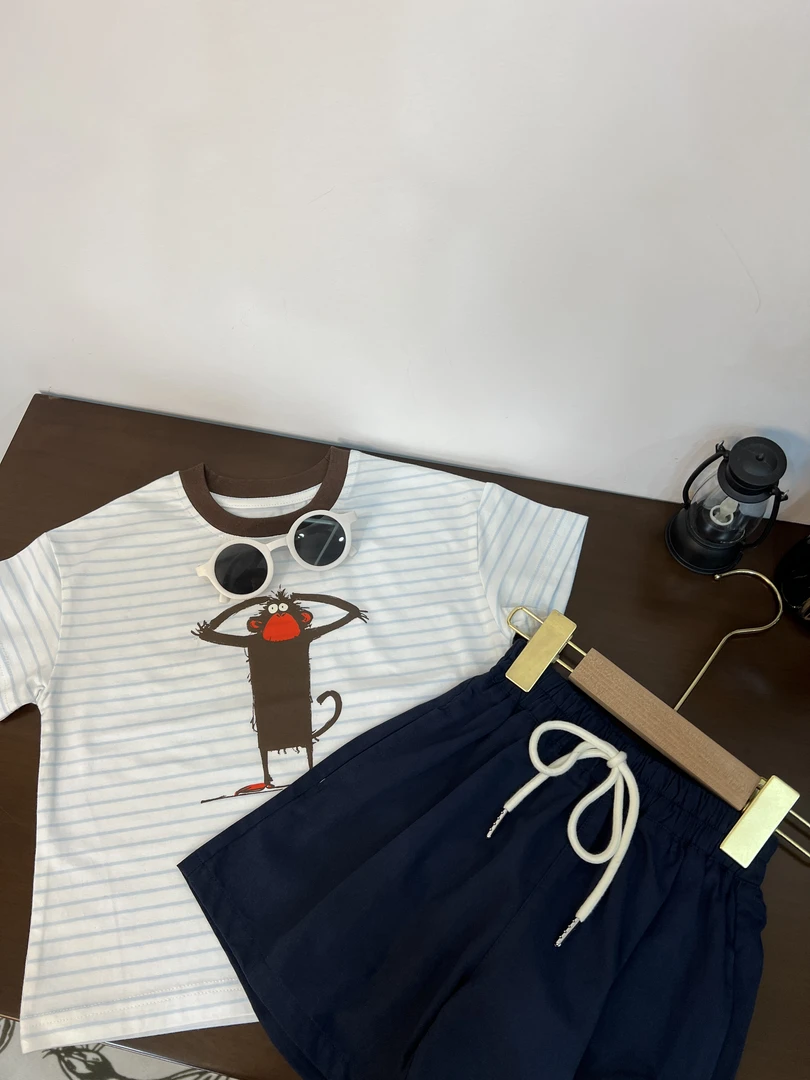 【T38猴子】WD040儿童夏季条纹印花圆领短袖韩版宽松百搭萌娃穿搭