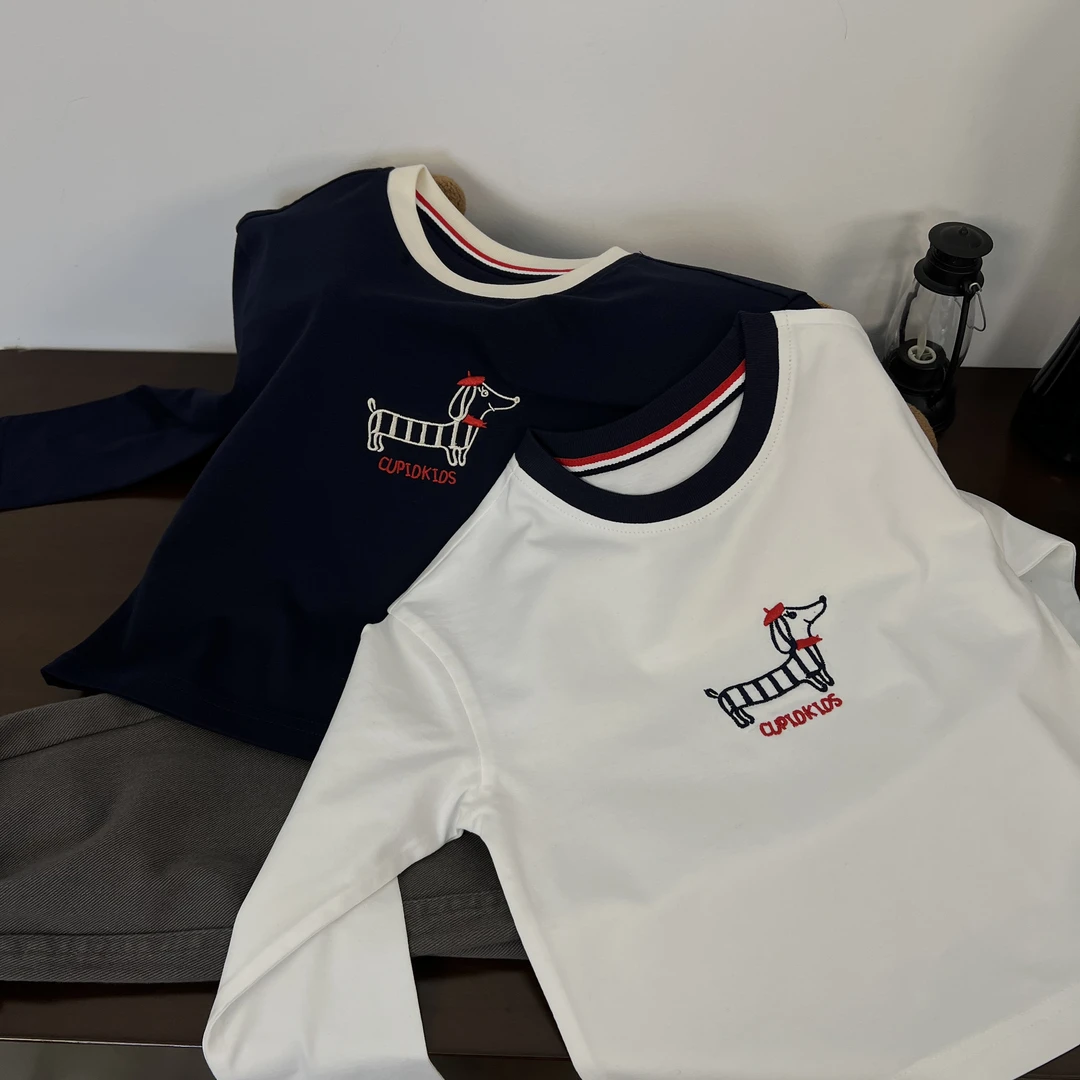 【WD100】儿童萌娃省心穿搭纯色插肩长袖宽松百搭绣花上衣圆领