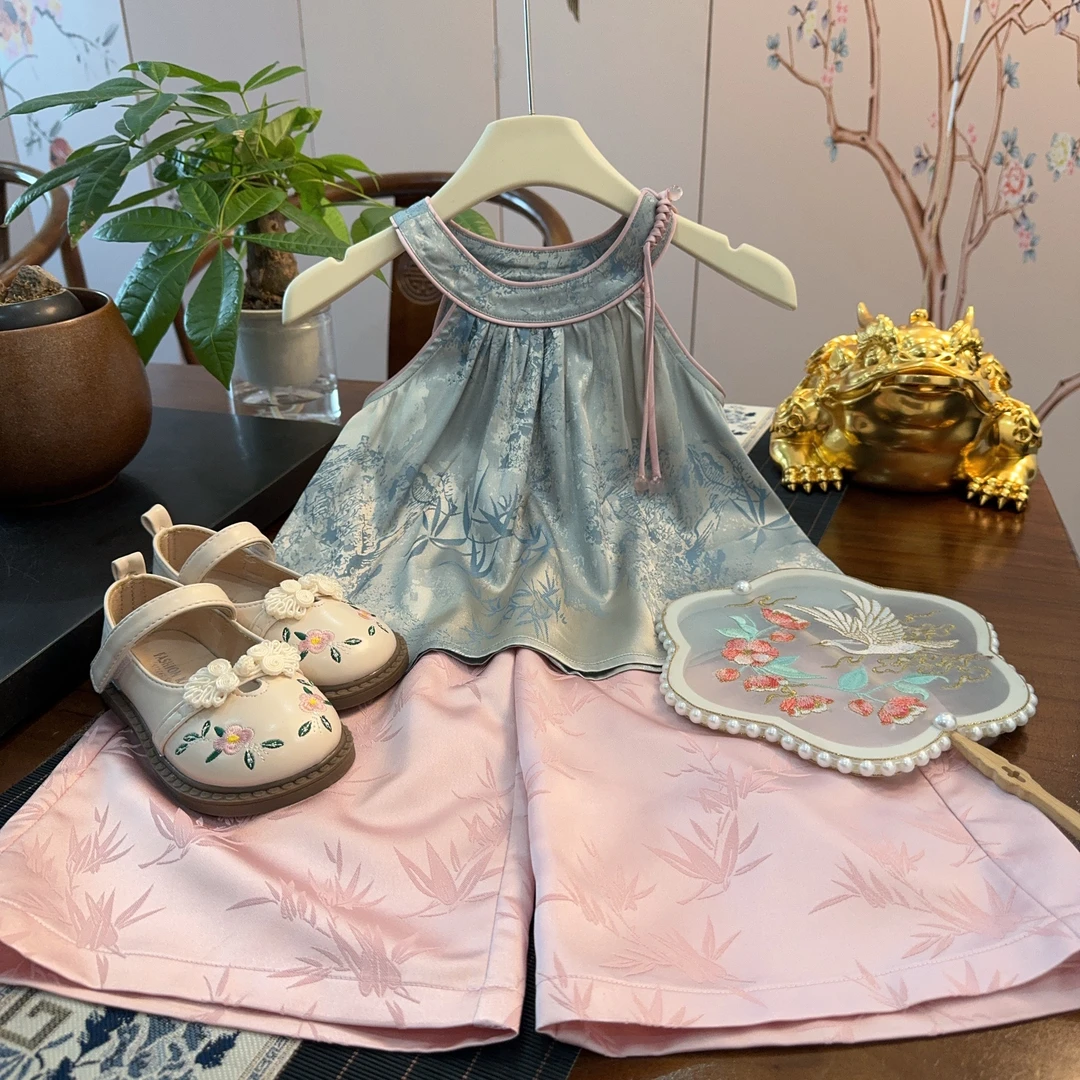 2024夏季新款儿童汉服套装新中式国风女童改良旗袍上衣裤子两件套