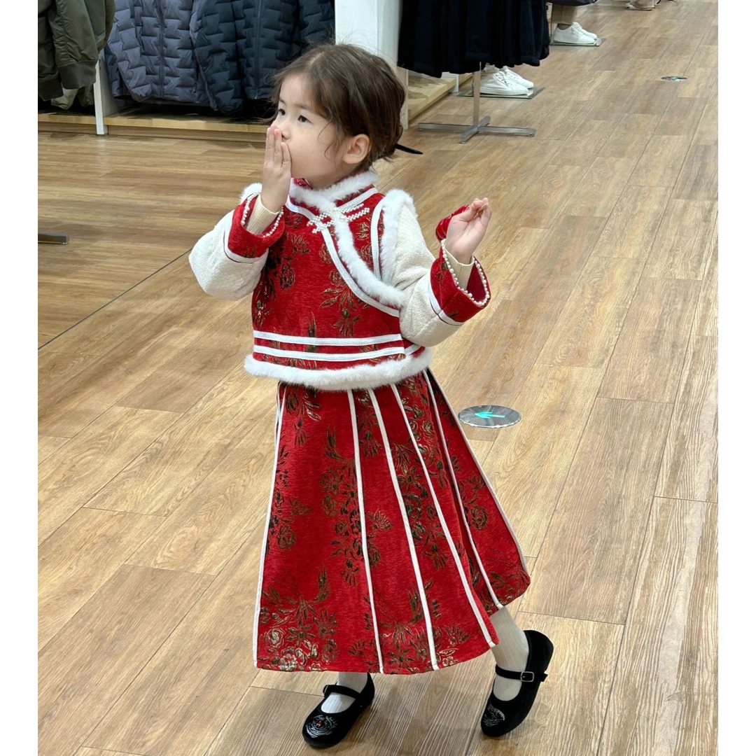 童装新中式女童冬装新款加绒新年唐装中国风旗袍拜年服两件套