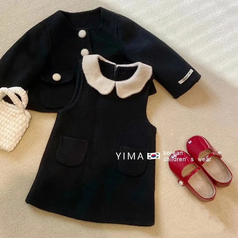 韩范童装女童洋气时髦黑色套装冬装儿童气质小香风毛呢外套背心裙