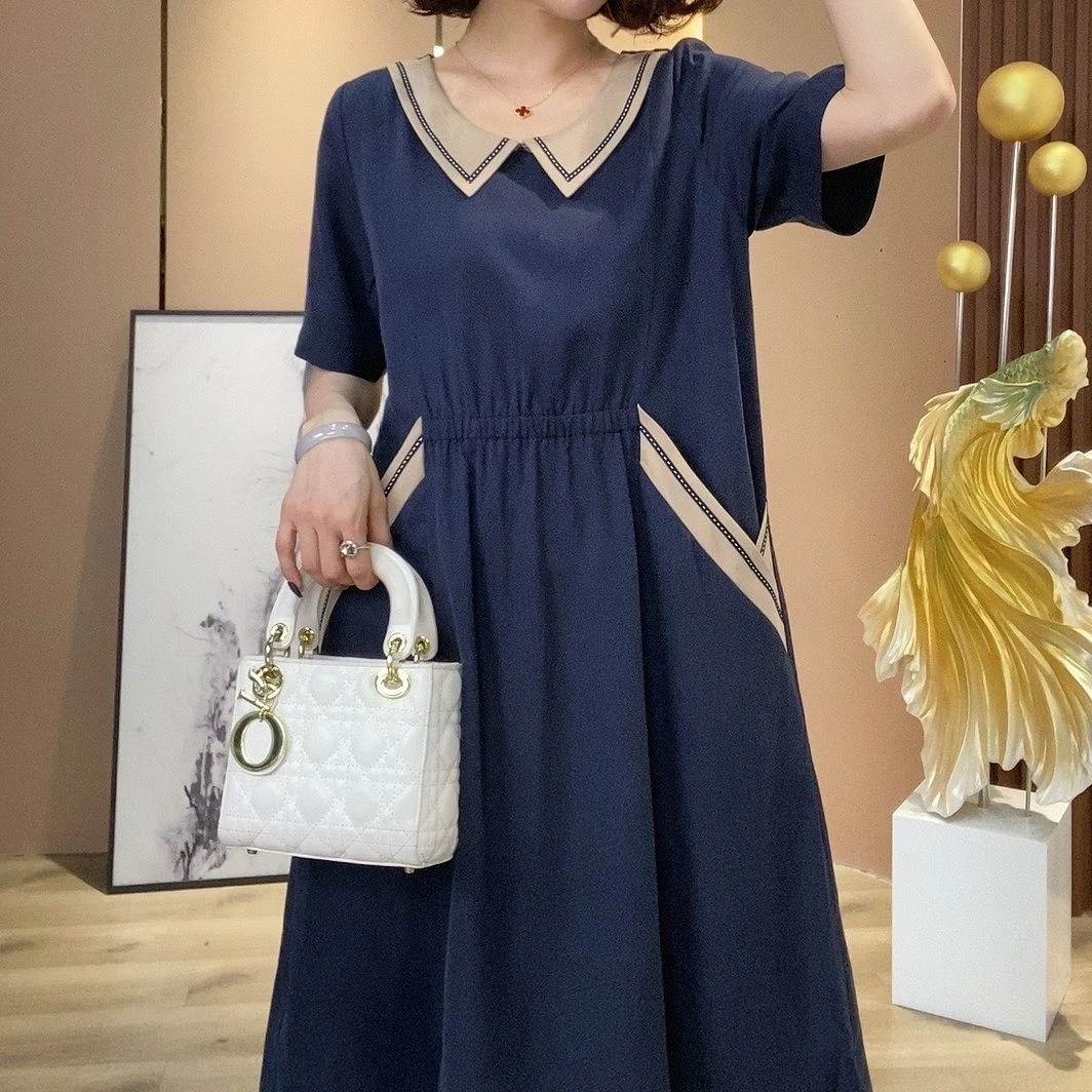 气质淑女优雅娃娃领连衣裙女夏季新款微胖女装时尚百搭短袖裙子