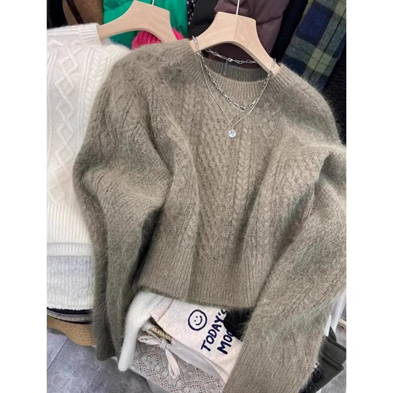 高级感复古短款毛衣女秋冬灰色针织衫加厚打底衫女小个子气质上衣