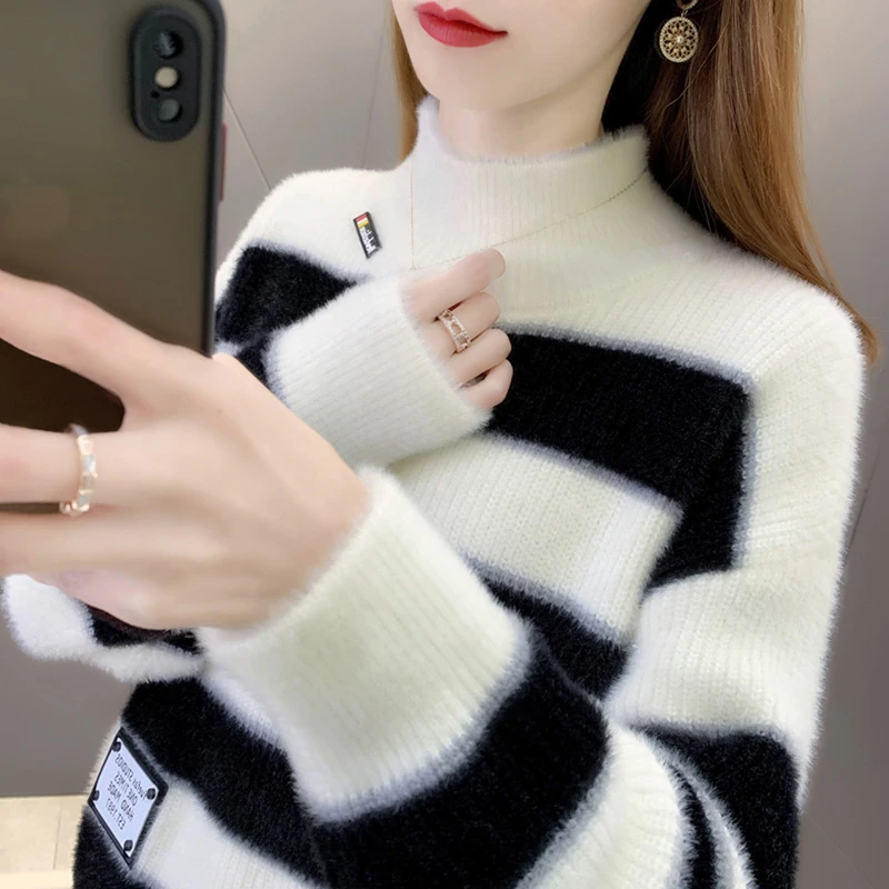 半高领条纹毛衣女秋冬加绒加厚打底衫高初中学生短款保暖针织上衣