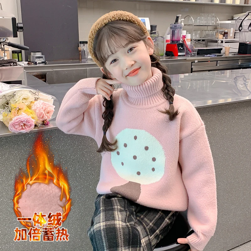 女童针织衫儿童洋气大童一体绒加厚高领保暖冬季套头蓄热女孩毛衣