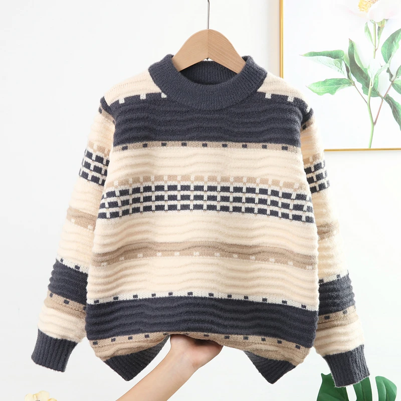 中大童条纹新款圆领套头针织毛衣秋冬新款时尚洋气男童加厚打底衫