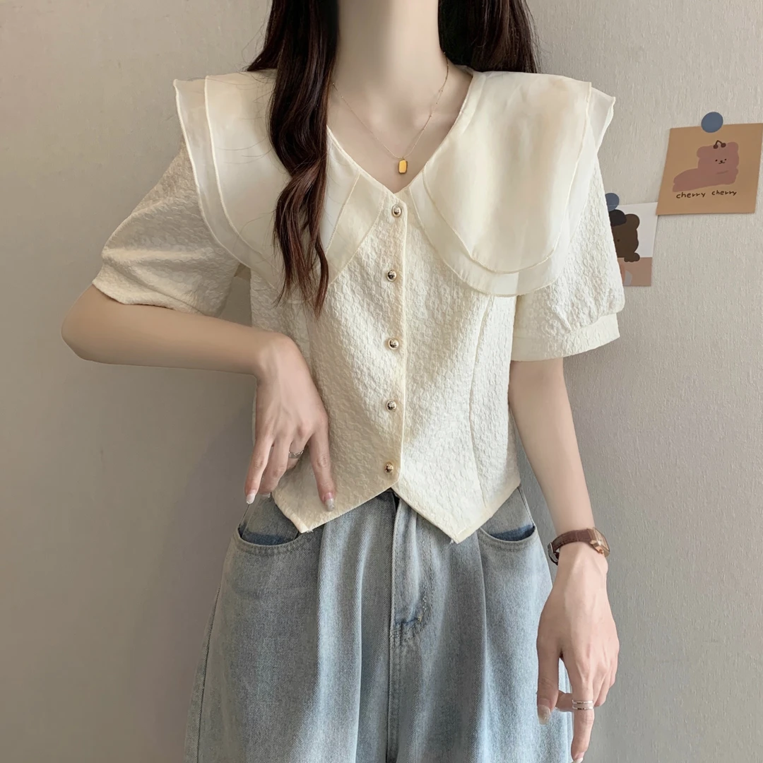 大码女装胖mm2024夏季新款别致法式小香风雪纺娃娃领短袖衬衫上衣