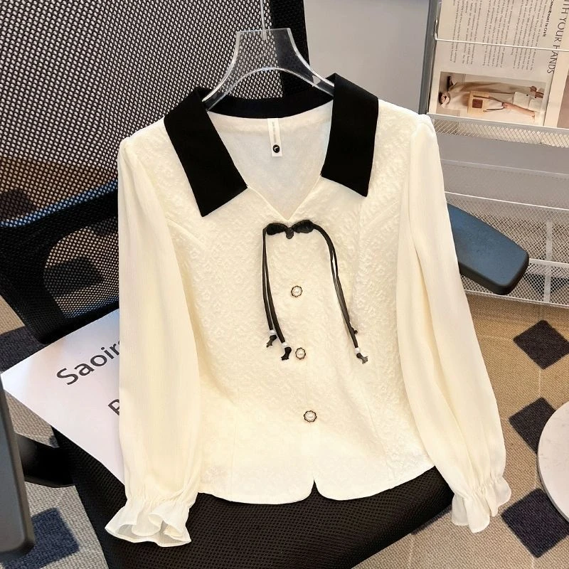 新中式国风盘扣长袖衬衫女2025早秋季法式小香风上衣独特气质小衫