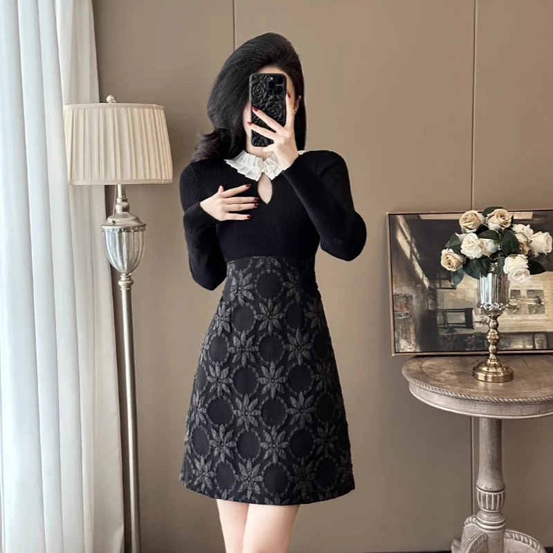 潮顺品秋冬时尚高腰短款连衣裙百搭轻奢女装气质拼接收腰显瘦裙子