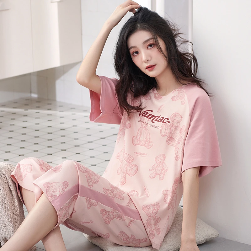 【拍一发三】2025夏季女士纯棉短袖七分裤睡衣套装598+睡裙+三件套