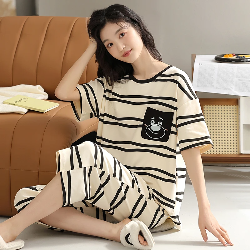 纯棉睡衣女夏季七分裤高级感短袖可外穿2023年新款休闲套装家居服