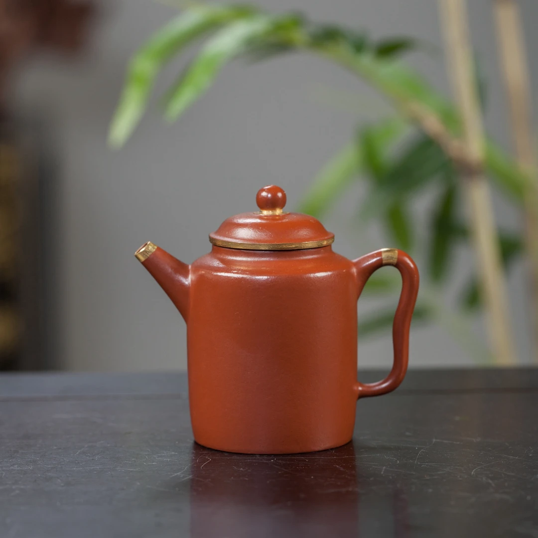 玩砂人原矿宜兴紫砂壶朱泥汲直壶描金装饰工夫茶小品壶约75cc