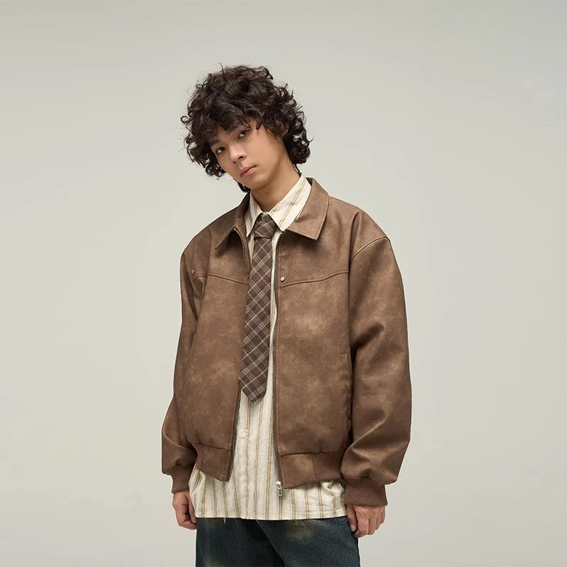 欧洲站美拉德美式复古棕色皮衣外套男潮高级感cleanfit夹克棉服