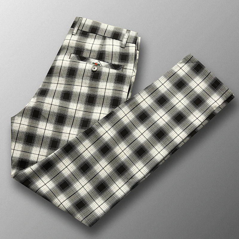 高档英伦格子休闲裤男夏天薄款修身小脚裤青年商务黑白格纹男长裤