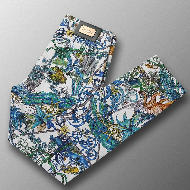 夏季薄款高端国风印花牛仔裤男高街潮流行新款棉质痞帅休闲花裤子