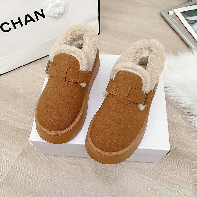 加绒美拉德毛毛棉鞋厚底雪地靴女款2024冬季新款一脚蹬复古勃肯鞋