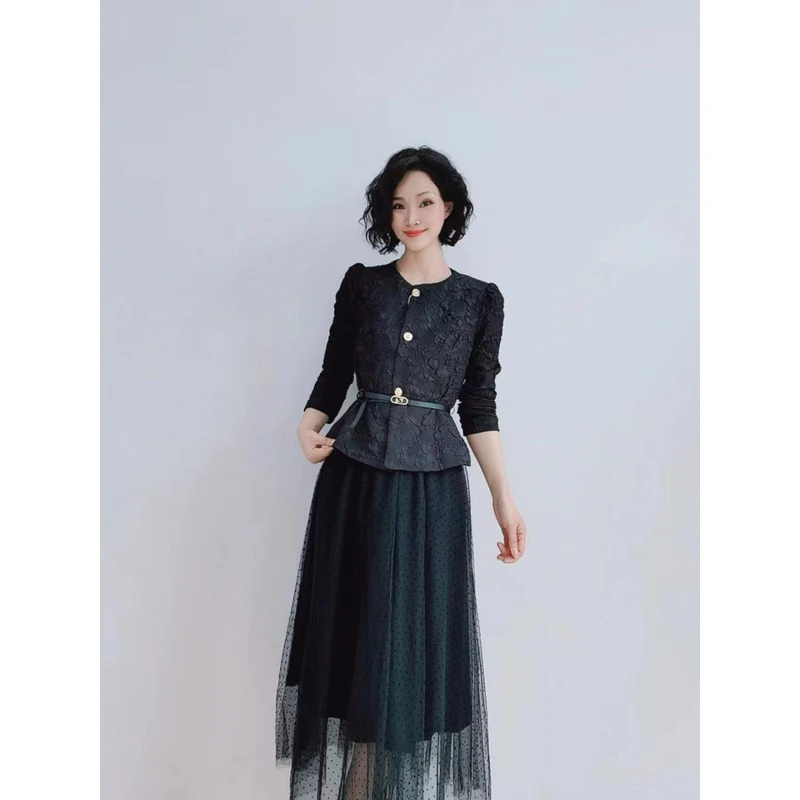 C1661赫本风时尚气质短款收腰上衣＋网纱半身裙洋气优雅气质