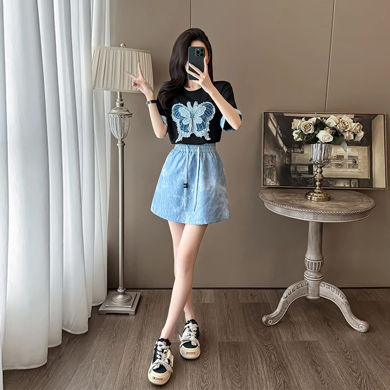 休闲套装女装时尚高腰夏款季百搭牛仔显瘦蓝色A字宽松两件套短款