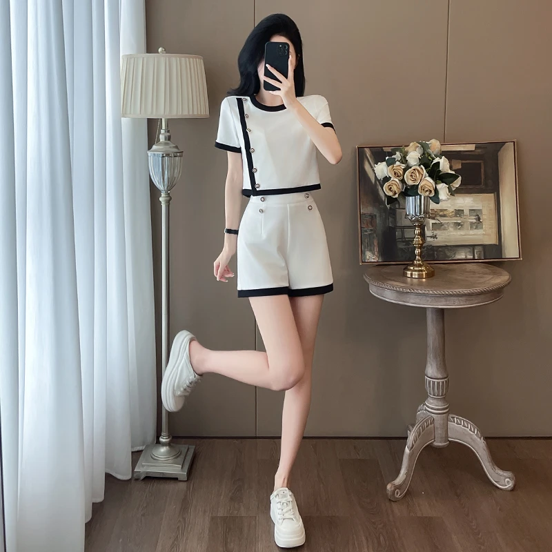 休闲套装女两件套夏显瘦短袖气质小个子洋气时尚夏季减龄高腰撞色
