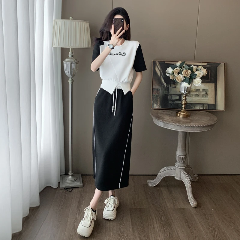 休闲套装女两件套夏小个子气质显瘦高腰时尚夏季开叉不规则圆领
