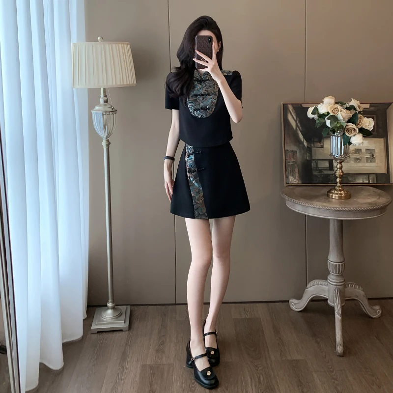 2024新中式短袖休闲套装女套裙时尚夏季修身短款中国风显瘦小个子