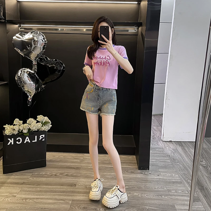 休闲套装女装两件套短袖显瘦牛仔短款时尚夏季宽松圆领洋气高腰