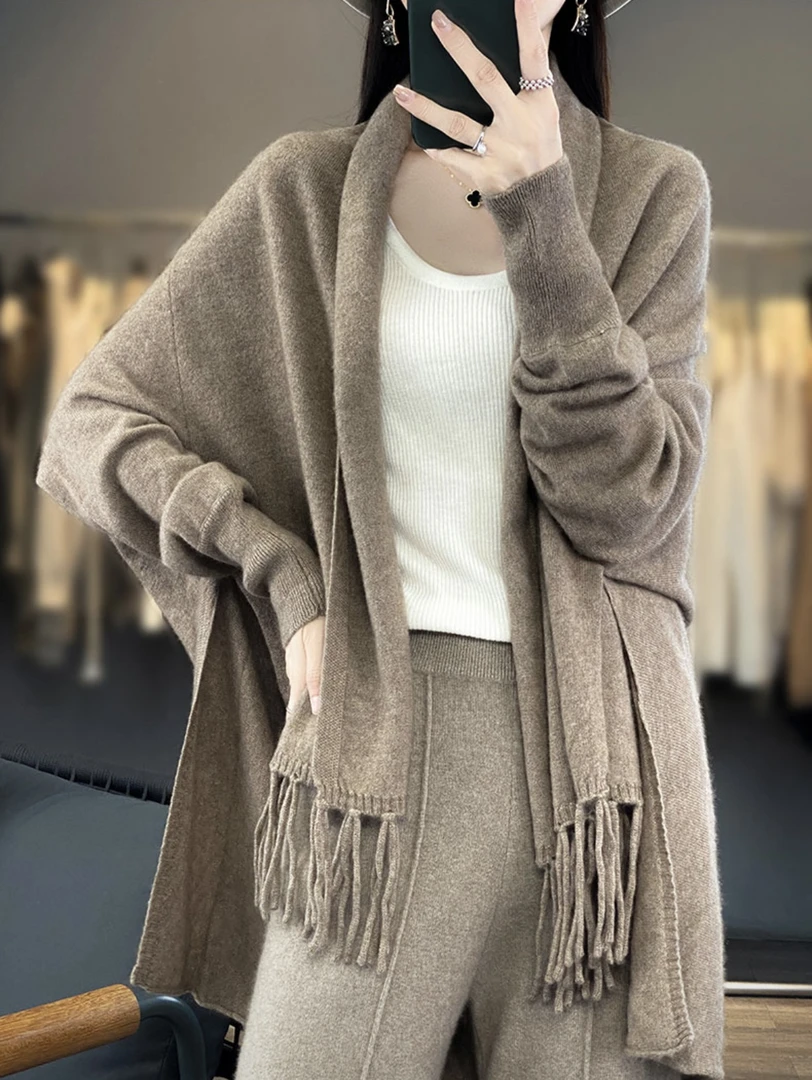 2024秋冬新款纯澳毛流苏开衫披肩时尚宽松慵懒气质百搭披肩外套